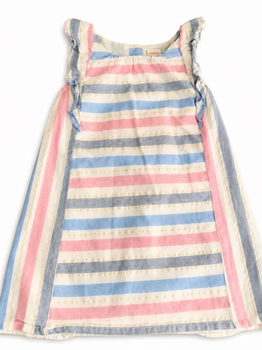 Gymboree Girls Striped Dress 4T With Ruffle Sleeves pink blue gold metallic